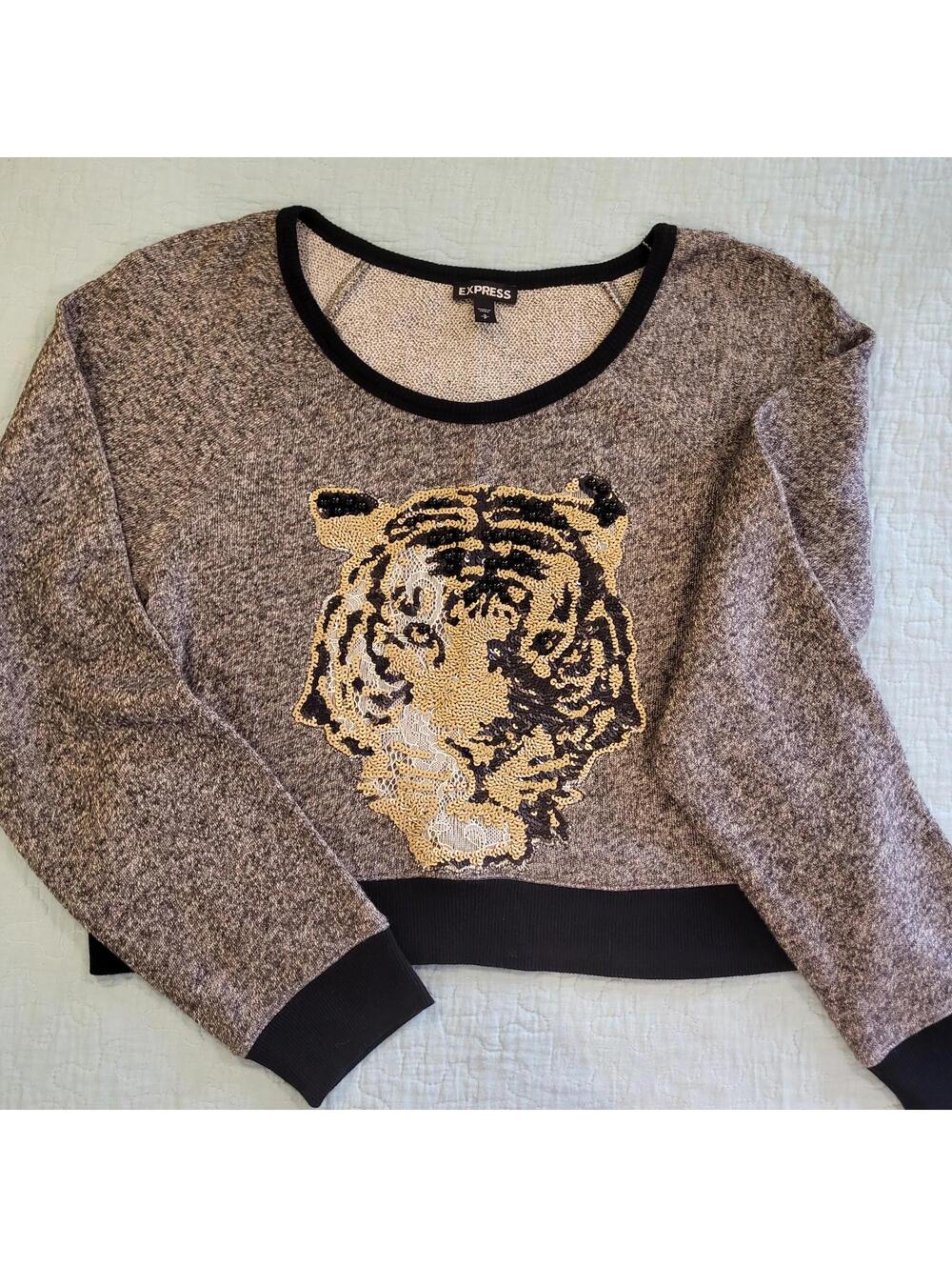 Express cropped sweater featuring a gold and black sequined tiger graphic sz sm